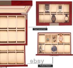 Cherry Oak Wood 20 Slot Watch Display Case and Jewelry Box Storage Organizer Da