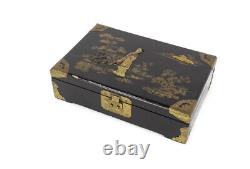Chinese Wood inlay Brass Trim Treasure chest Jewelry Boxes storage box Vintage
