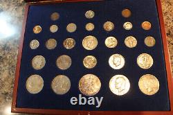 Coins Of The 20'th Century, 27 Coins In Wood Display Case, Silver Coins