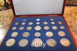 Coins Of The 20'th Century, 27 Coins In Wood Display Case, Silver Coins