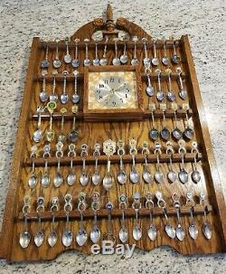 Collectible Souvenir Spoon WOOD DISPLAY CASE With Clock PLUS 54 SPOONS HUGE LOT