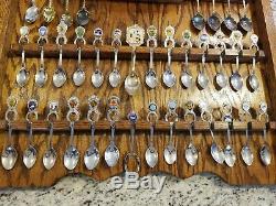 Collectible Souvenir Spoon WOOD DISPLAY CASE With Clock PLUS 54 SPOONS HUGE LOT