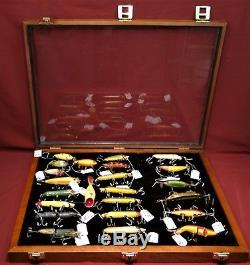 Collection of Antique Heddon Fishing Lures in Walnut Display Case