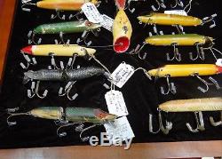 Collection of Antique Heddon Fishing Lures in Walnut Display Case