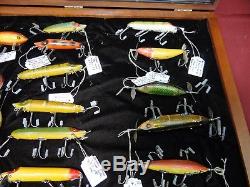 Collection of Antique Heddon Fishing Lures in Walnut Display Case