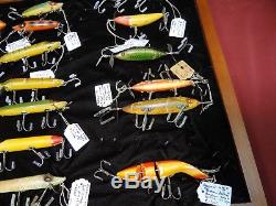 Collection of Antique Heddon Fishing Lures in Walnut Display Case