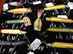 Collection of Antique Heddon Fishing Lures in Walnut Display Case