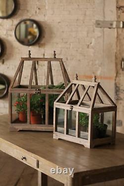 Country Wooden Greenhouse Set Two Tabletop Terrarium Container Display Cases