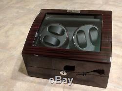 DIPLOMAT Dark Cherry Quad 4 Watch Winder Lockable Display Box + 5 Case DEFECT