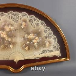 Display Case With Fan Flower Theme Hand Painted Wood Frame Glass Vintage 60s