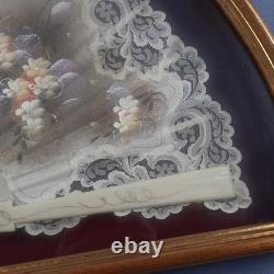 Display Case With Fan Flower Theme Hand Painted Wood Frame Glass Vintage 60s