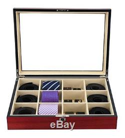 Display Case for 12 Ties Belts and Accessories Cherry Wood Storage Box