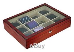 Display Case for 12 Ties Belts and Accessories Cherry Wood Storage Box