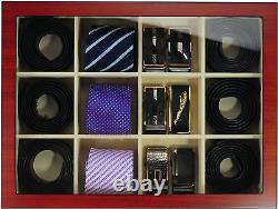 Display Case for 12 Ties, Belts, and Accessories Cherry Wood Storage Box Father