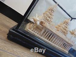 Early 20th Century Glass Display Case Holding Carved Balsa Wood Asiatic Temple