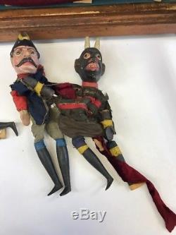 Early Antique Victorian 6 PUNCH AND JUDY Carved Wood Puppets With Display Case