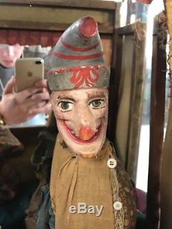 Early Antique Victorian 6 PUNCH AND JUDY Carved Wood Puppets With Display Case