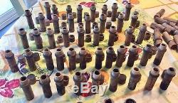 Early Boye Needles Shuttles Bobbins Tin DIsplay Case, 50+ Wood Tubes w contents