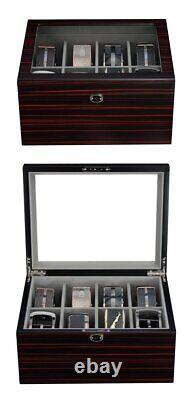 Ebony Wood Display Case for 8 Belts and Accessories Storage Organizer Box for