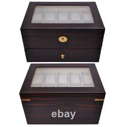 Ebony Wood Watch Box Display Case Glass Top Jewelry Storage Organizer 20 Slot
