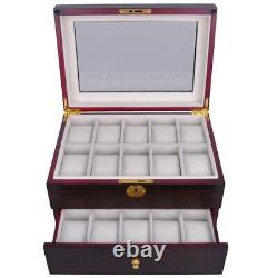 Ebony Wood Watch Box Display Case Glass Top Jewelry Storage Organizer 20 Slot