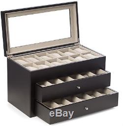 Elegant 36-Slots Watch Box Storage Case Display Glass Top In Solid Wood Black