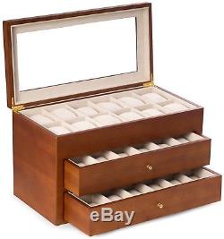 Elegant 36-Slots Watch Box Storage Case Display Glass Top In Solid Wood Brown