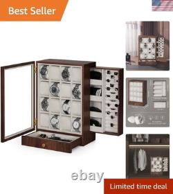 Elegant Wooden Watch Display Case with 18 Compartments and Two Drawers for Men