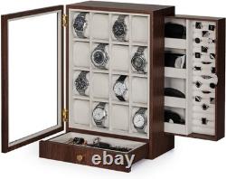 Elegant Wooden Watch Display Case with 18 Compartments and Two Drawers for Men