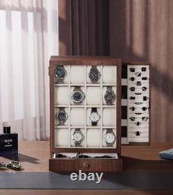 Elegant Wooden Watch Display Case with 18 Compartments and Two Drawers for Men