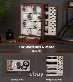 Elegant Wooden Watch Display Case with 18 Compartments and Two Drawers for Men