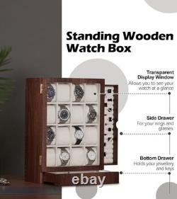 Elegant Wooden Watch Display Case with 18 Compartments and Two Drawers for Men