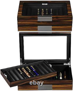 Fountain Pen Display Box Wood Storage Organizer Case Glass Cover Collection Tray