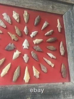 Framed Stone Arrowhead Projectile Point Collection Rustic Wood Display Case