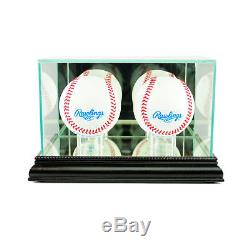 Glass Double Baseball Display Case Uv Protection Black Wood And Mirror Back