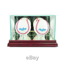 Glass Double Baseball Display Case Uv Protection Cherry Wood
