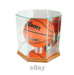 Glass Octagon Full Size Basketball Display Case With Walnut Wood And Mirror Back