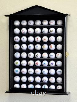 Golf Ball Display Case 63+ Black PGA Wall Cabinet Rack Wood Shadow Box Holder