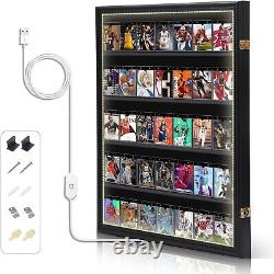 Graded Trading Card Display Case 35 LED Light Sport Baseball Wood Wall Cabinet