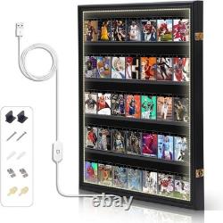 Graded Trading Card Display Case 35 LED Light Sport Baseball Wood Wall Cabinet