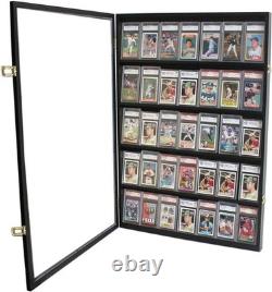 Graded Trading Card Display Case 35 LED Light Sport Baseball Wood Wall Cabinet