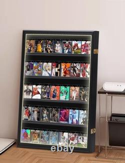 Graded Trading Card Display Case 35 LED Light Sport Baseball Wood Wall Cabinet