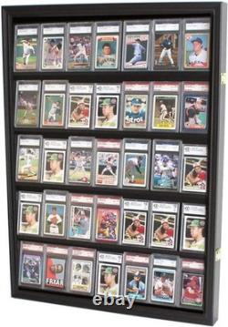 Graded Trading Card Display Case 35 LED Light Sport Baseball Wood Wall Cabinet