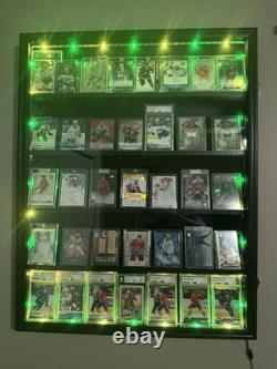 Graded Trading Card Display Case 35 RGB LED Light Sport PSA Slabs Wood Cabinet