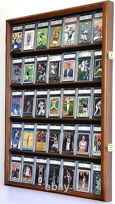 Graded Trading Card Display Case 35 Sport Baseball Football Walnut Wood Cabinet