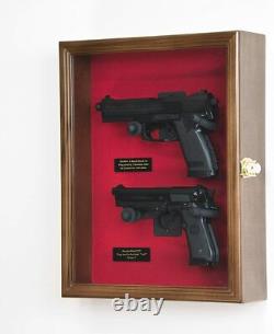 Gun Display Case 2 Guns Walnut Solid Wood Handgun Pistol Revolver Lock USA Frame
