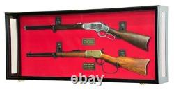 Gun Display Case Double Black LED Rifle Wood Clear View Wall Shadow Box Cabinet