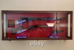 Gun Display Case Double Oak & Black Rifle Wood Clear View Shadow Box Cabinet