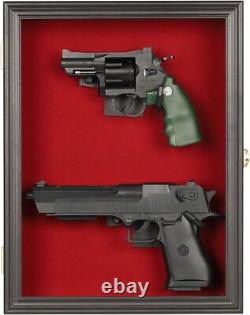 Gun Display Case Double Wood 16 x 13 In Handgun Pistol Revolver Lock Shadow Box