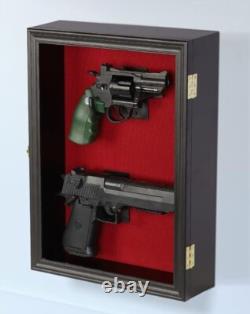 Gun Display Case Double Wood 16 x 13 In Handgun Pistol Revolver Lock Shadow Box